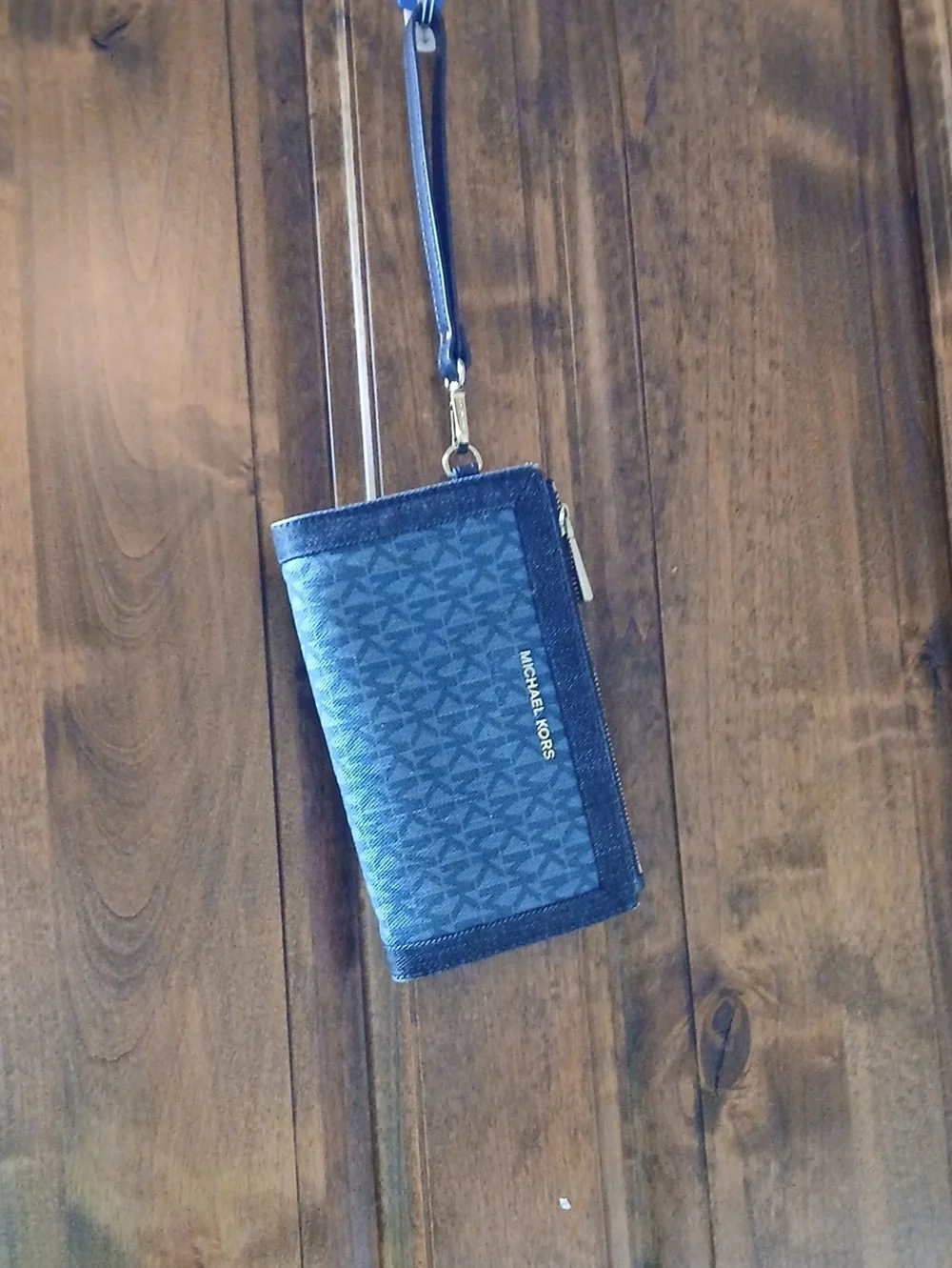 Michael Kors Blue Signature Wristlet Wallet with Gold Hardware